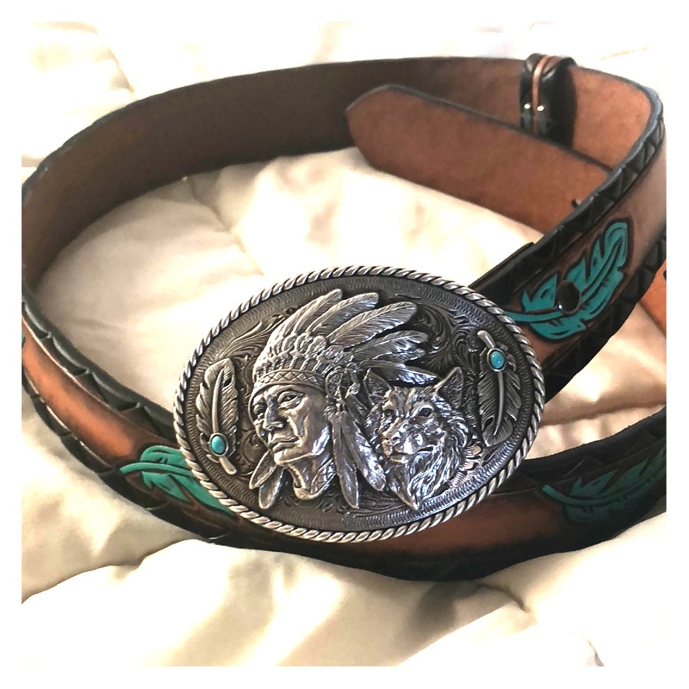 💯% Genuine Leather Belt w/ Native American buckle